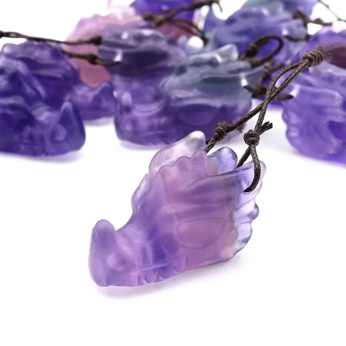 Hand Carved Dragon Skull Natural Fluorite Drilled Gemstone Pendant Intrinsic Trading Necklaces