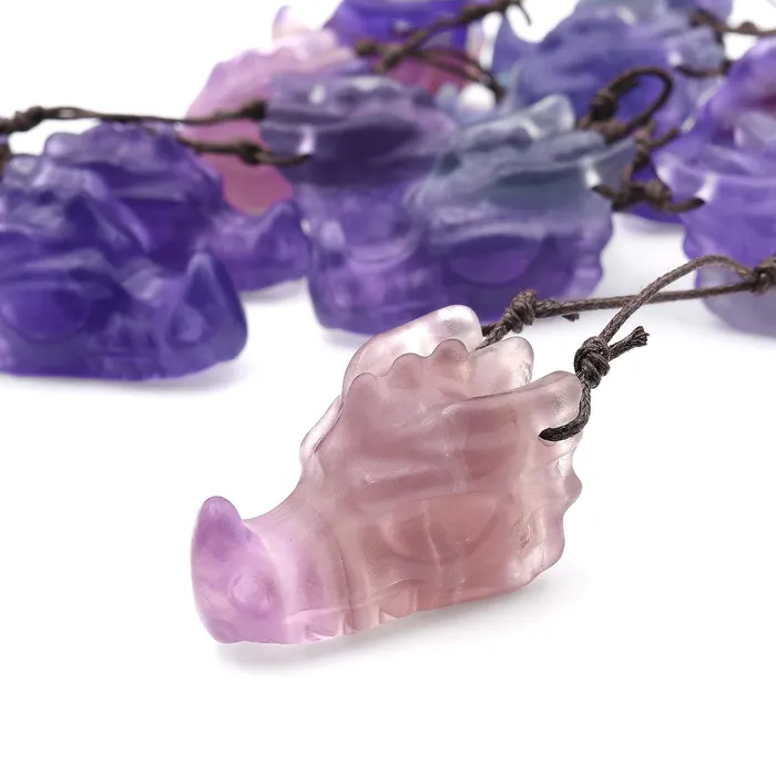 Hand Carved Dragon Skull Natural Fluorite Drilled Gemstone Pendant Intrinsic Trading Necklaces