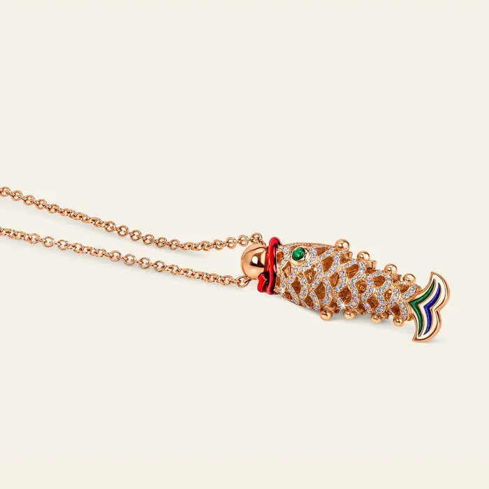 Hand crafted in 18k rose gold and set with highquality diamonds round cabochon emerald and blue green and red enamel Necklaces Lucky You Small Necklace