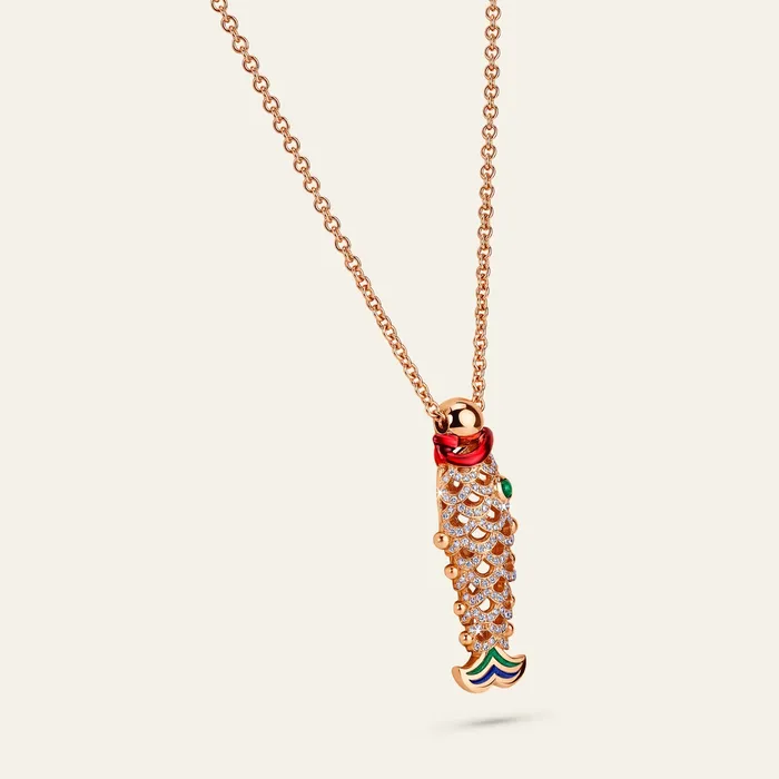 Hand crafted in 18k rose gold and set with highquality diamonds round cabochon emerald and blue green and red enamel Necklaces Lucky You Small Necklace