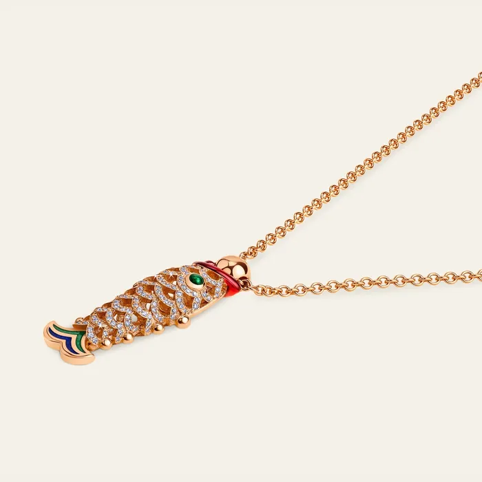 Hand crafted in 18k rose gold and set with highquality diamonds round cabochon emerald and blue green and red enamel Necklaces Lucky You Small Necklace