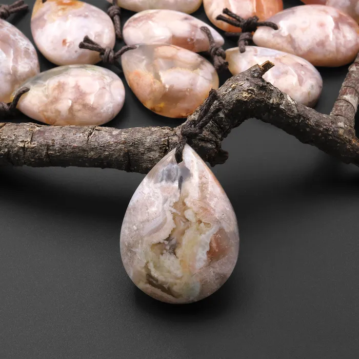 Intrinsic Trading AAA Natural Cherry Blossom Agate Teardrop Gemstone Pendant Aka Flower Agate A3 Necklaces
