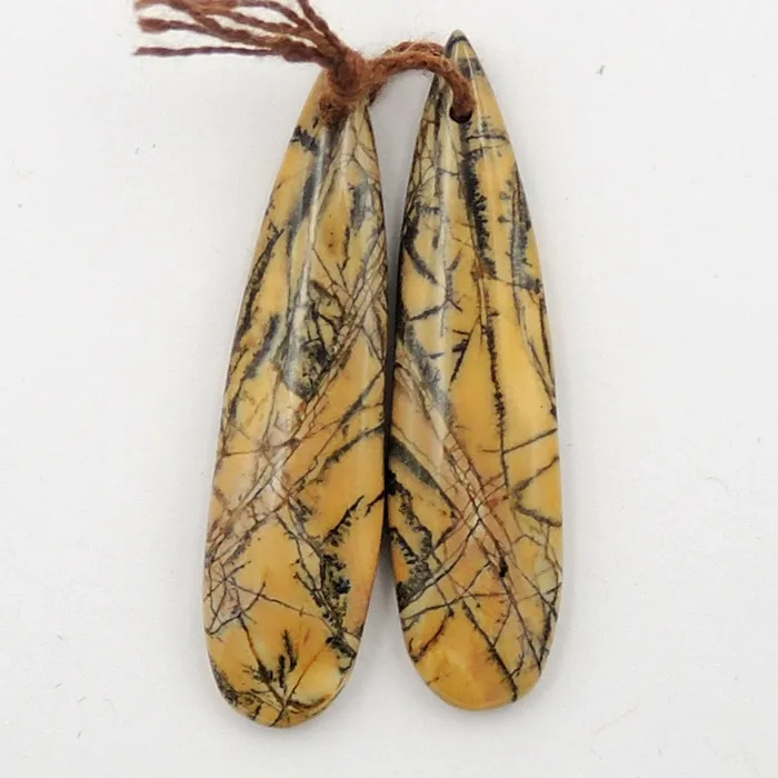 Intrinsic Trading Drilled Rare Natural Utah Black Feather Jasper Earring Cabochon Cab Pair Teardrop Matched Bead Pair American Jasper Earrings