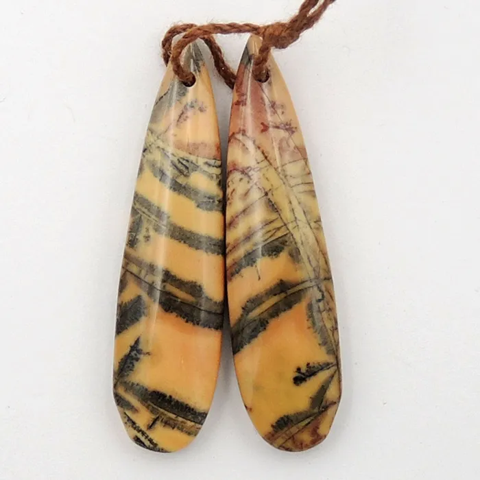 Intrinsic Trading Drilled Rare Natural Utah Black Feather Jasper Earring Cabochon Cab Pair Teardrop Matched Bead Pair American Jasper Earrings