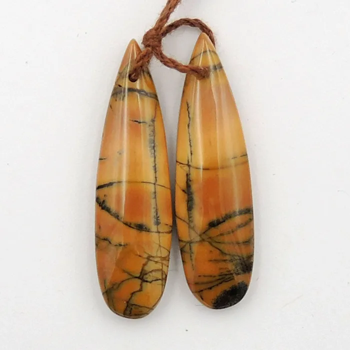 Intrinsic Trading Drilled Rare Natural Utah Black Feather Jasper Earring Cabochon Cab Pair Teardrop Matched Bead Pair American Jasper Earrings