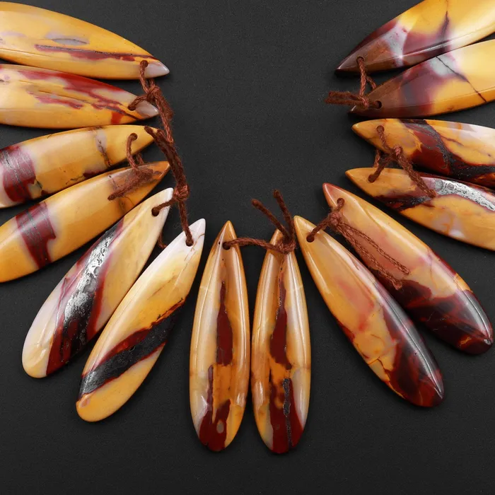 Intrinsic Trading Earrings Drilled Australian Mookaite Jasper Earring Pair Matched Teardrop Gemstone Earrings Bead Pair Burgundy Red Yellow Colors