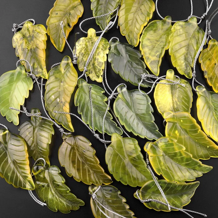 Intrinsic Trading Hand Carved Natural Olive Green Jade Leaf Pendant Bead Drilled Gemstone Necklaces
