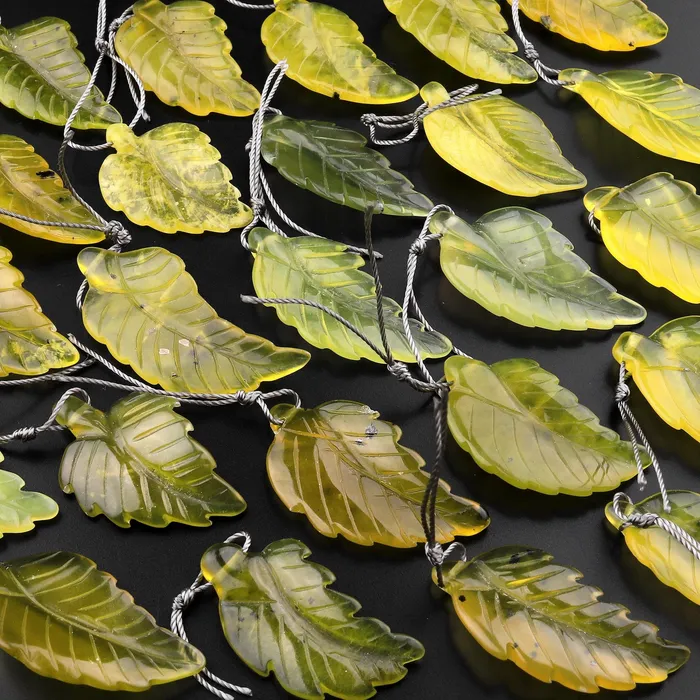Intrinsic Trading Hand Carved Natural Olive Green Jade Leaf Pendant Bead Drilled Gemstone Necklaces