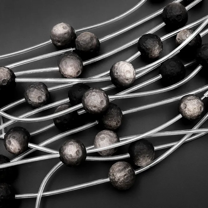 Intrinsic Trading Necklaces AAA Hand Carved Natural Silver Obsidian Meteorite Moon Planet Gemstone Round Beads 8mm 10mm 12mm 14mm
