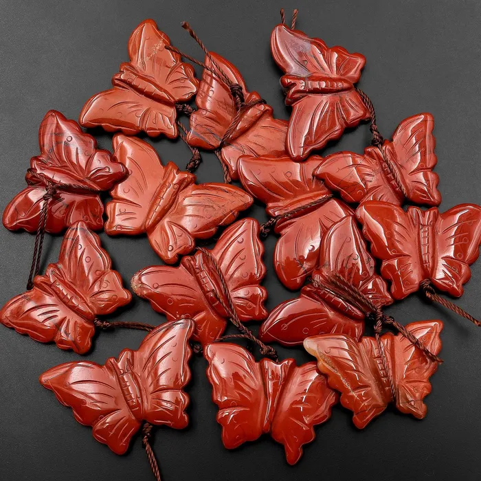Intrinsic Trading Necklaces Hand Carved Natural Red Jasper Butterfly Pendant Gemstone Focal Bead