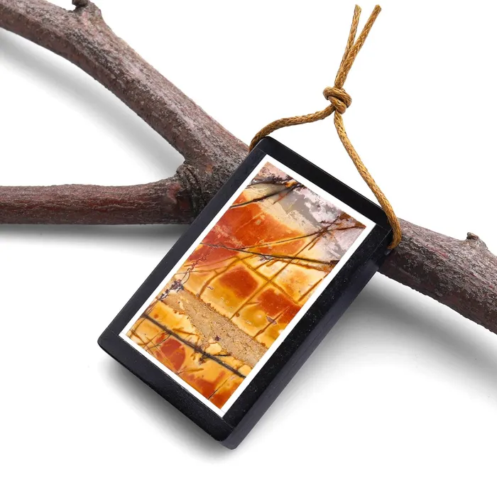 Intrinsic Trading Necklaces Intarsia Pendant Natural Red Creek Jasper W Black Onyx Inlay Frame Side Drilled Rectangle Pendant