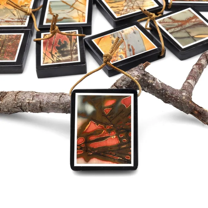 Intrinsic Trading Necklaces Intarsia Pendant Natural Red Creek Jasper W Black Onyx Inlay Frame Side Drilled Rectangle Pendant