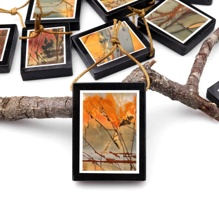 Intrinsic Trading Necklaces Intarsia Pendant Natural Red Creek Jasper W Black Onyx Inlay Frame Side Drilled Rectangle Pendant