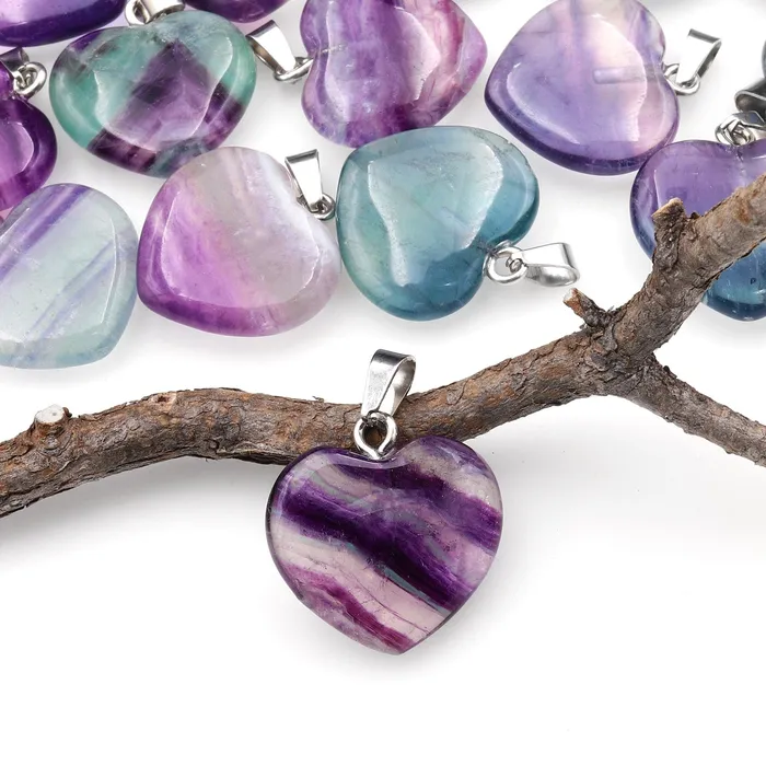 Intrinsic Trading Necklaces Natural Rainbow Fluorite Heart Pendant 20mm A3