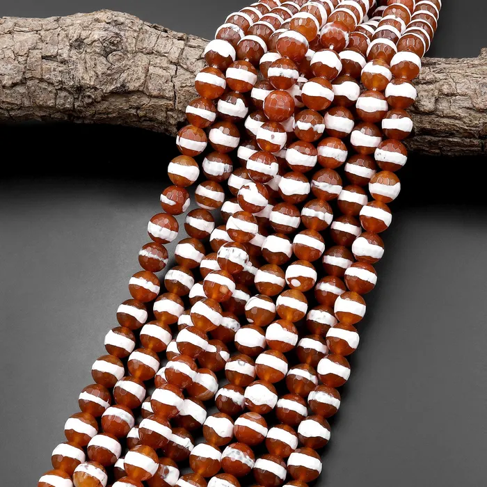 Intrinsic Trading Rings Tibetan Agate 10mm Round Beads Dzi Agate Orange Etched Line Ring Mala Antique Boho Beads 155 Strand