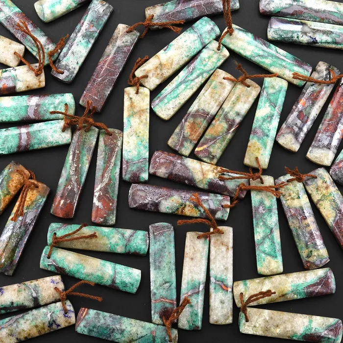 Natural Chrysocolla in Copper Long Rectangle Earring Pair Matched Gemstone Beads From Arizona Intrinsic Trading Earrings