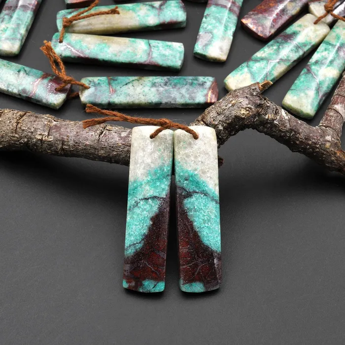 Natural Chrysocolla in Copper Long Rectangle Earring Pair Matched Gemstone Beads From Arizona Intrinsic Trading Earrings