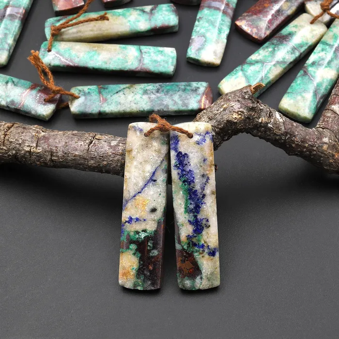 Natural Chrysocolla in Copper Long Rectangle Earring Pair Matched Gemstone Beads From Arizona Intrinsic Trading Earrings