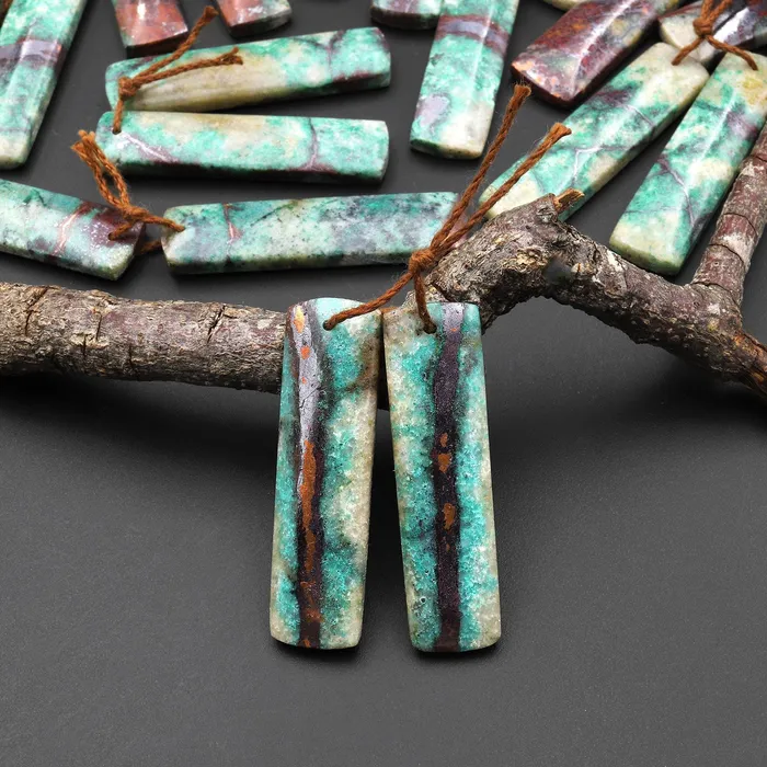 Natural Chrysocolla in Copper Long Rectangle Earring Pair Matched Gemstone Beads From Arizona Intrinsic Trading Earrings