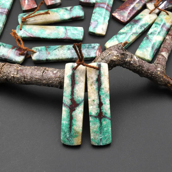 Natural Chrysocolla in Copper Long Rectangle Earring Pair Matched Gemstone Beads From Arizona Intrinsic Trading Earrings