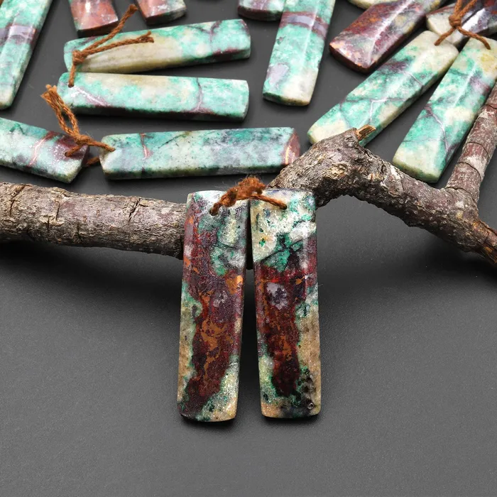 Natural Chrysocolla in Copper Long Rectangle Earring Pair Matched Gemstone Beads From Arizona Intrinsic Trading Earrings