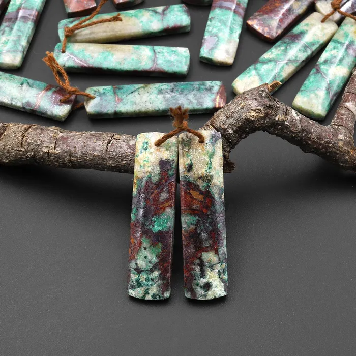 Natural Chrysocolla in Copper Long Rectangle Earring Pair Matched Gemstone Beads From Arizona Intrinsic Trading Earrings