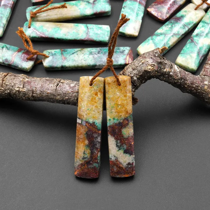 Natural Chrysocolla in Copper Long Rectangle Earring Pair Matched Gemstone Beads From Arizona Intrinsic Trading Earrings