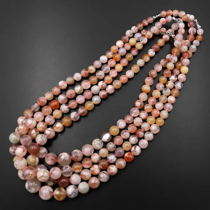 Necklaces AAA Graduated Natural Cherry Blossom Flower Agate Round Beads 23 Long Finished Necklace Strand Intrinsic Trading