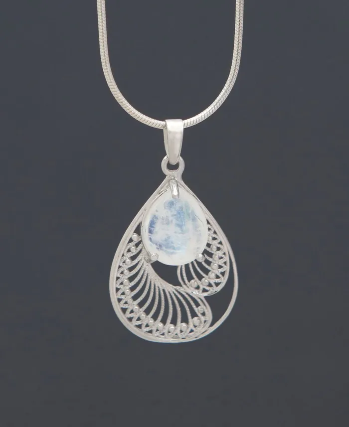 Necklaces Buddha Groove Rainbow Moonstone Pendant in Sterling Silver Feather Design Necklaces Buddha Groove Rainbow Moonstone Pendant in Sterling Silver Feather Design