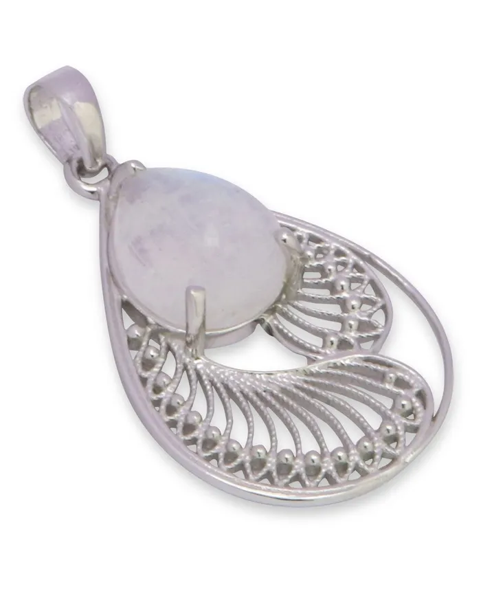 Necklaces Buddha Groove Rainbow Moonstone Pendant in Sterling Silver Feather Design
