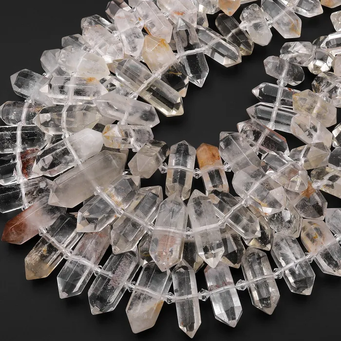 Rare Natural Rock Quartz Beads W Lodalite Matrix Faceted Double Terminated Points Center Drilled Focal Pendant 155 Strand Intrinsic Trading Necklaces