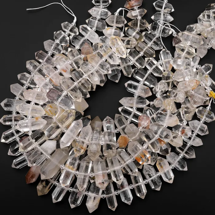 Rare Natural Rock Quartz Beads W Lodalite Matrix Faceted Double Terminated Points Center Drilled Focal Pendant 155 Strand Intrinsic Trading Necklaces