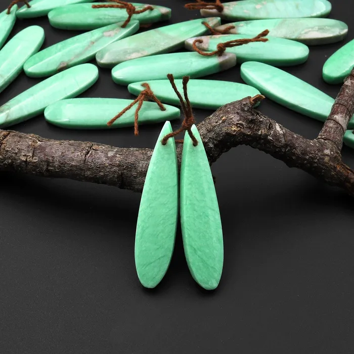 Rare Natural Utah Green Variscite Long Teardrop Earring Pair Matched Cabochon Gemstone Beads A1 Intrinsic Trading Earrings