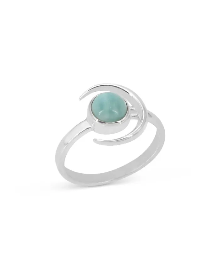 Rings Sterling Silver Larimar Gemstone Ring with Crescent Moon Design Buddha Groove Rings Sterling Silver Larimar Gemstone Ring with Crescent Moon Design Buddha Groove