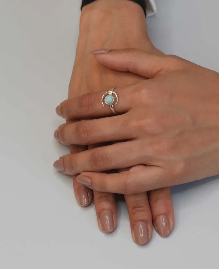 Rings Sterling Silver Larimar Gemstone Ring with Crescent Moon Design Buddha Groove