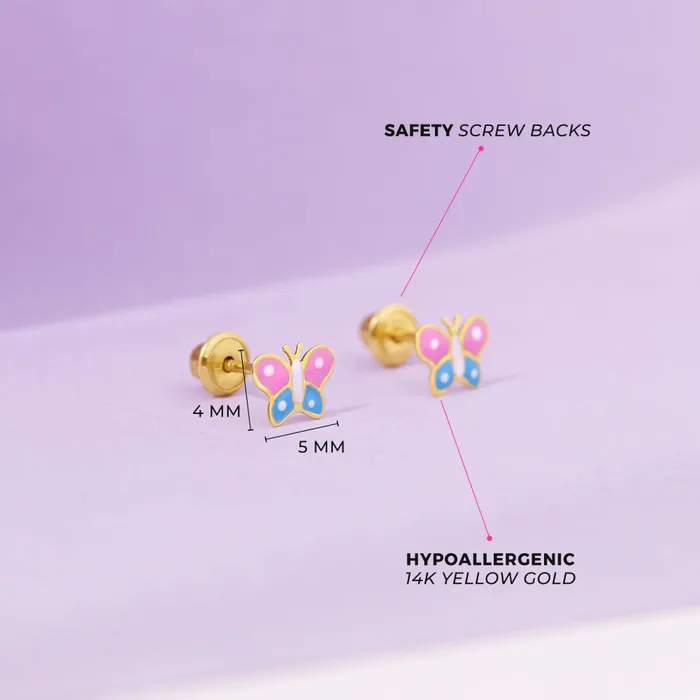 14k Gold Colorful Butterfly Baby Toddler Kids Earrings Safety Screw Back Enamel Kids Screw Back Earrings Earrings