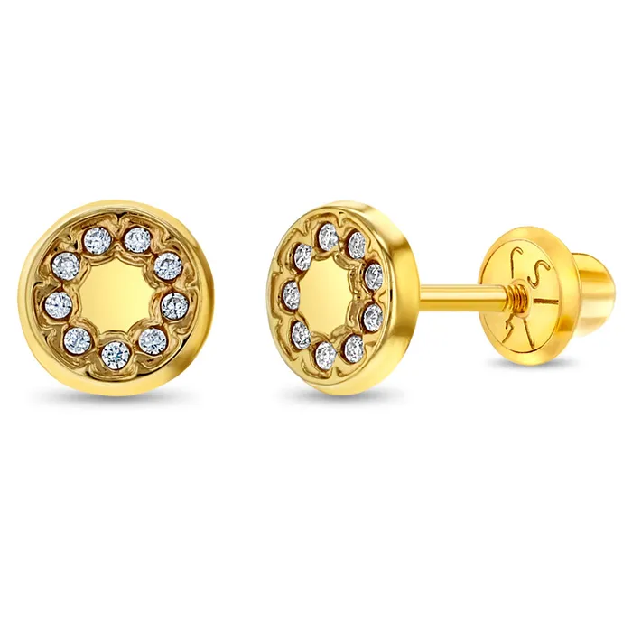 14k Gold Round CZ Encrusted Kids Childrens Girls Earrings Safety Screw Back Baby Screw Back Earrings Earrings 14k Gold Round CZ Encrusted Kids Childrens Girls Earrings Safety Screw Back Baby Screw Back Earrings Earrings
