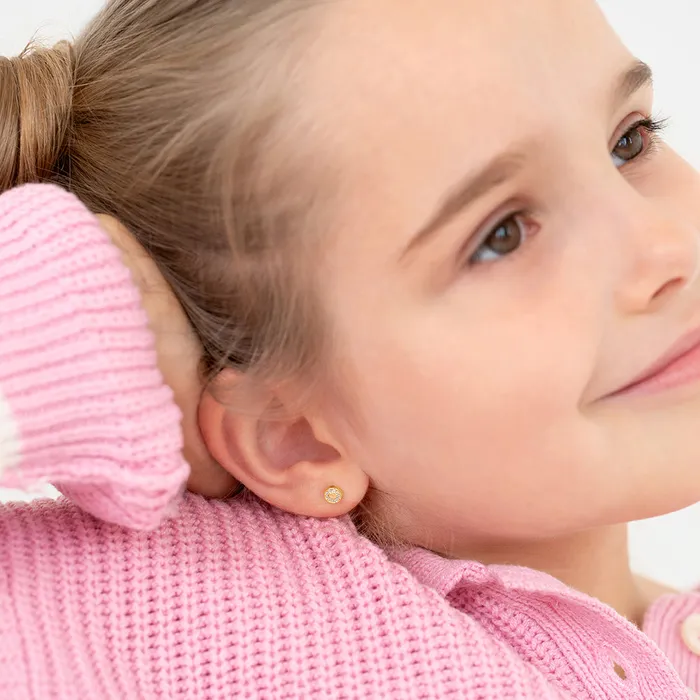 14k Gold Round CZ Encrusted Kids Childrens Girls Earrings Safety Screw Back Baby Screw Back Earrings Earrings