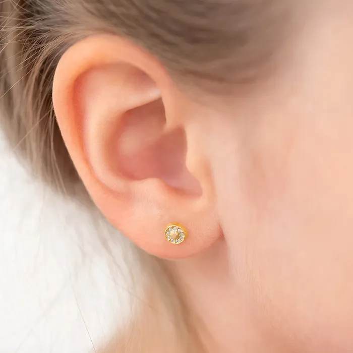 14k Gold Round CZ Encrusted Kids Childrens Girls Earrings Safety Screw Back Baby Screw Back Earrings Earrings