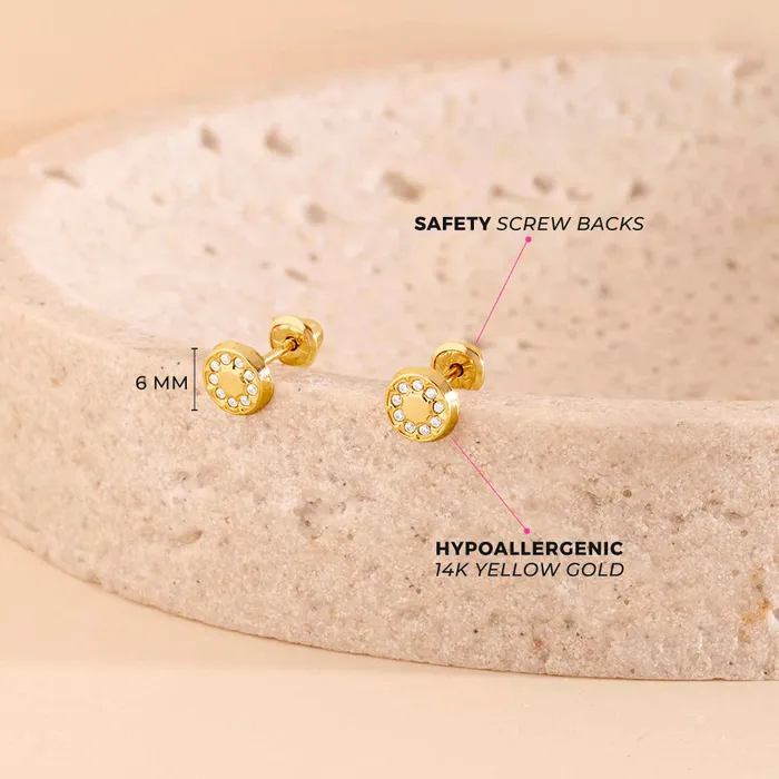 14k Gold Round CZ Encrusted Kids Childrens Girls Earrings Safety Screw Back Baby Screw Back Earrings Earrings