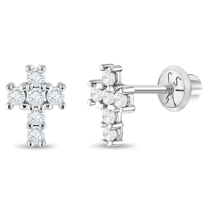 14k White Gold Classic Cubic Zirconia Jeweled Cross Baby Toddler Kids Earrings Safety Screw Back Kids Screw Back Earrings Earrings