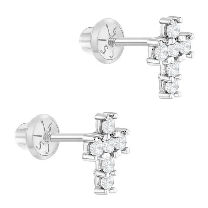 14k White Gold Classic Cubic Zirconia Jeweled Cross Baby Toddler Kids Earrings Safety Screw Back Kids Screw Back Earrings Earrings