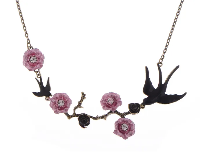 Alilang Antique Golden Hand Painted Pink Cherry Blossom Flower Enamel Black Sparrow Birds Necklace ALILANGCOM Necklaces Alilang Antique Golden Hand Painted Pink Cherry Blossom Flower Enamel Black Sparrow Birds Necklace ALILANGCOM Necklaces