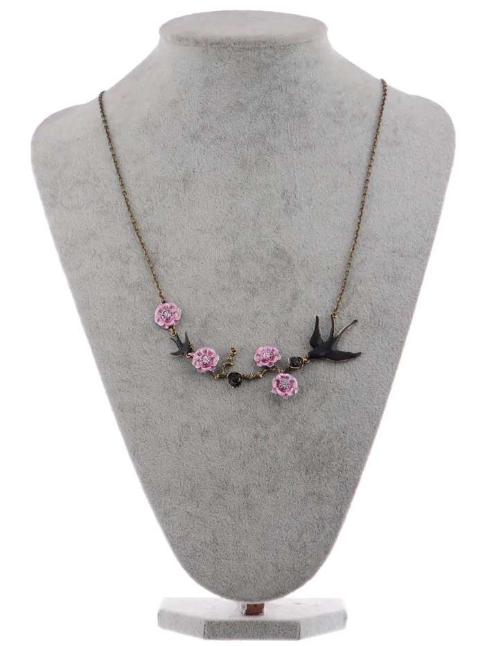 Alilang Antique Golden Hand Painted Pink Cherry Blossom Flower Enamel Black Sparrow Birds Necklace ALILANGCOM Necklaces Alilang Antique Golden Hand Painted Pink Cherry Blossom Flower Enamel Black Sparrow Birds Necklace ALILANGCOM Necklaces