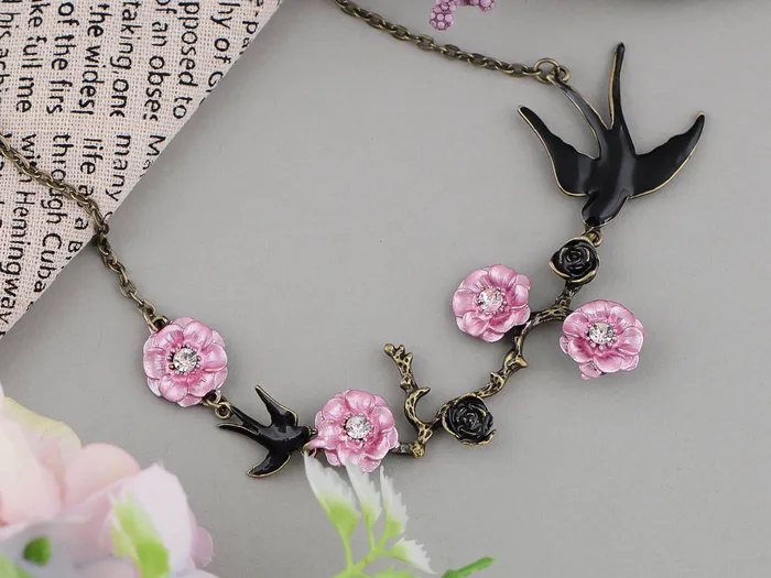 Alilang Antique Golden Hand Painted Pink Cherry Blossom Flower Enamel Black Sparrow Birds Necklace ALILANGCOM Necklaces Alilang Antique Golden Hand Painted Pink Cherry Blossom Flower Enamel Black Sparrow Birds Necklace ALILANGCOM Necklaces