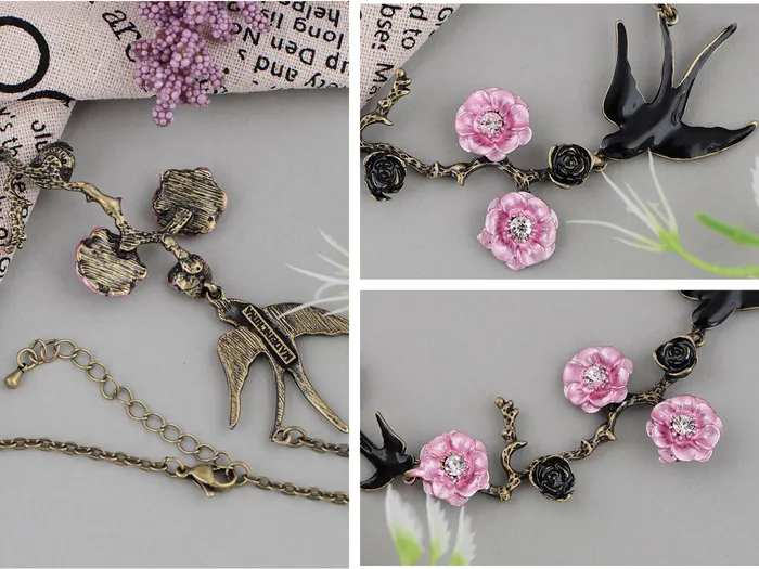 Alilang Antique Golden Hand Painted Pink Cherry Blossom Flower Enamel Black Sparrow Birds Necklace ALILANGCOM Necklaces Alilang Antique Golden Hand Painted Pink Cherry Blossom Flower Enamel Black Sparrow Birds Necklace ALILANGCOM Necklaces