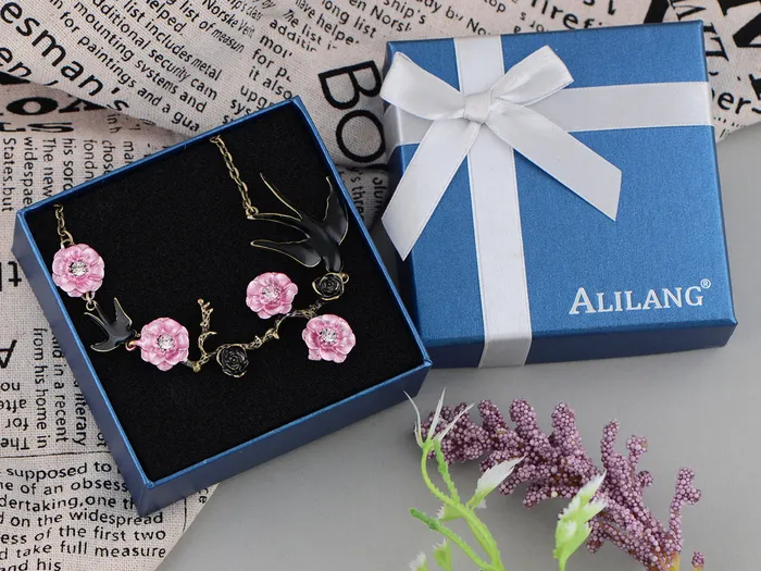 Alilang Antique Golden Hand Painted Pink Cherry Blossom Flower Enamel Black Sparrow Birds Necklace ALILANGCOM Necklaces Alilang Antique Golden Hand Painted Pink Cherry Blossom Flower Enamel Black Sparrow Birds Necklace ALILANGCOM Necklaces