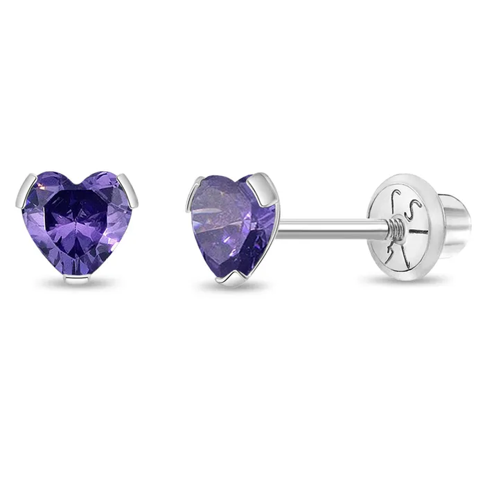 Baby Screw Back Earrings Earrings 14k White Gold Delicate Cubic Zirconia Heart 4mm Kids Childrens Girls Earrings Screw Back