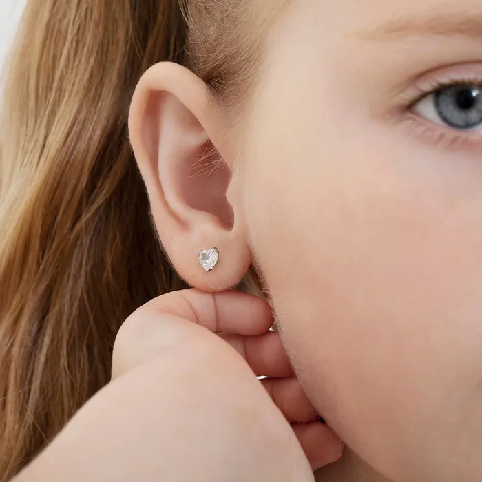 Baby Screw Back Earrings Earrings 14k White Gold Delicate Cubic Zirconia Heart 4mm Kids Childrens Girls Earrings Screw Back