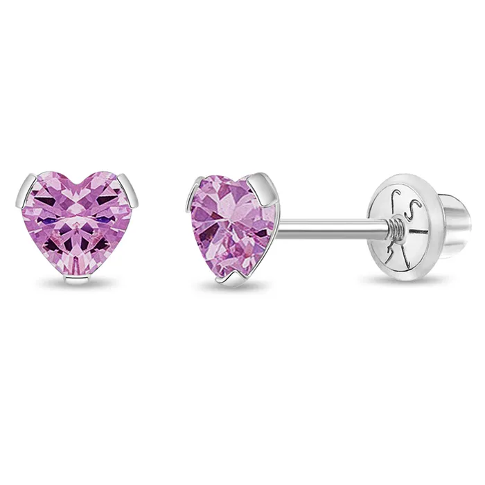 Baby Screw Back Earrings Earrings 14k White Gold Delicate Cubic Zirconia Heart 4mm Kids Childrens Girls Earrings Screw Back